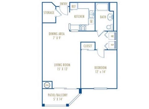 Floor plan for 1 bed, 1 bath, 773 sqft
